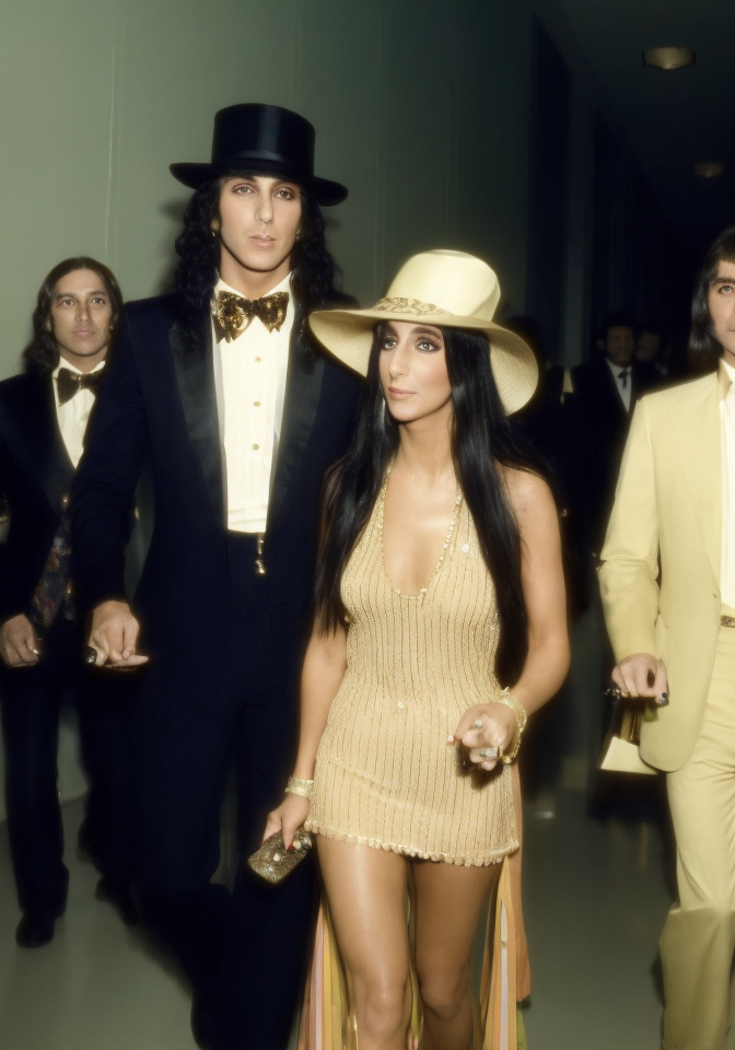 01864-3890399808-cher 1970s, (sharp focus_1.2), photo, woman wearing a (hat_1.2) and (dress_1.2) walking down a (hallway_1.2) with other people i.png